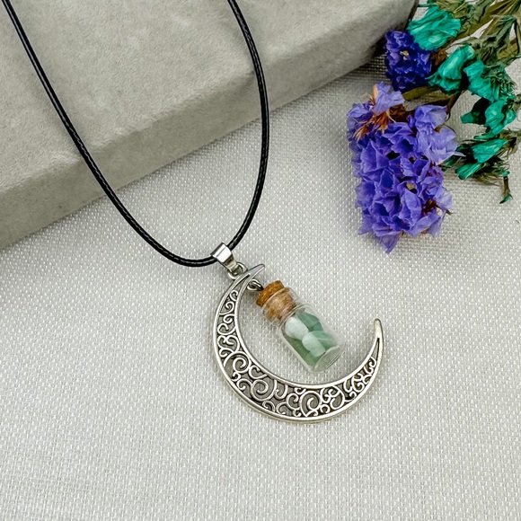 Jewelry - Green Aventurine moon and potion bottle necklace
